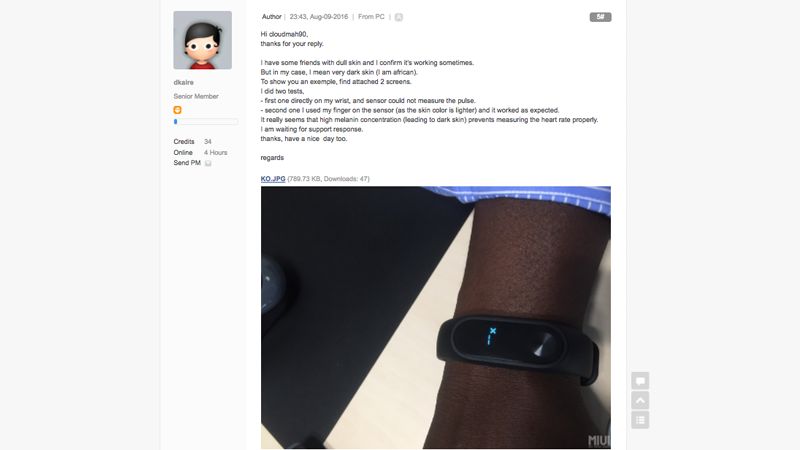 A user of Xiao Mi’s Mi Band 2 Heart Rate monitor says the device can’t detect his heart rate on his wrist, but can on his fingertip. (Image: Miui.com)